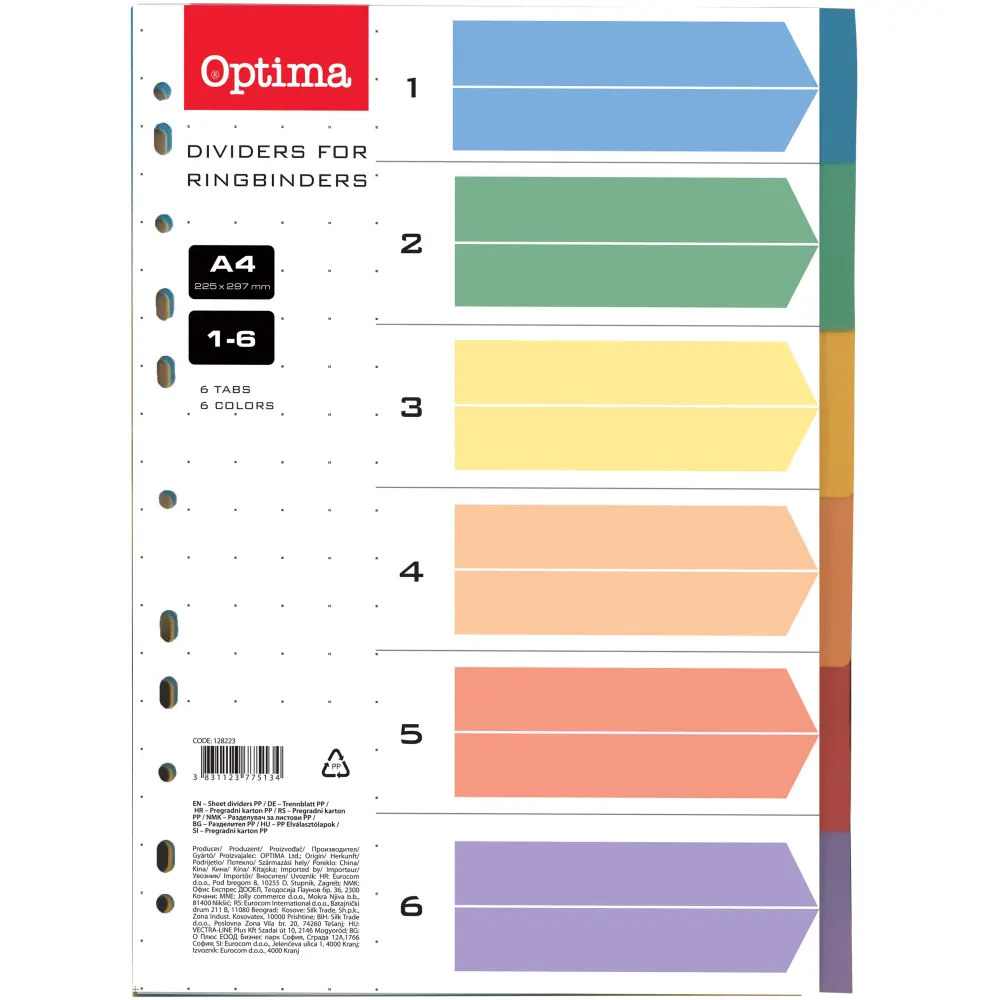 Pregradni kartoni Optima A4 PP 6 barvni