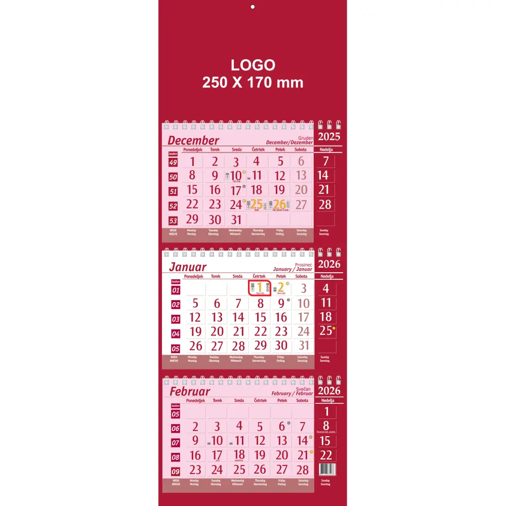 Koledar Tridelni Špiralni rdeča 2026